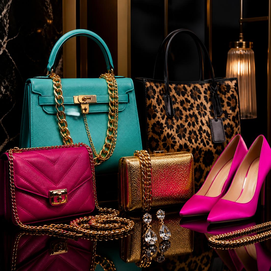 Editorial still life of handbags, layered gold jewelry, sunglasses and heels arranged on a glossy black surface