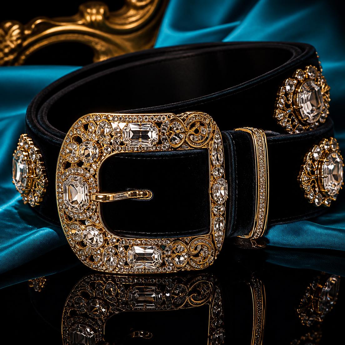 Wide black velvet statement belt with a jeweled gold buckle coiled on black lacquer with turquoise satin