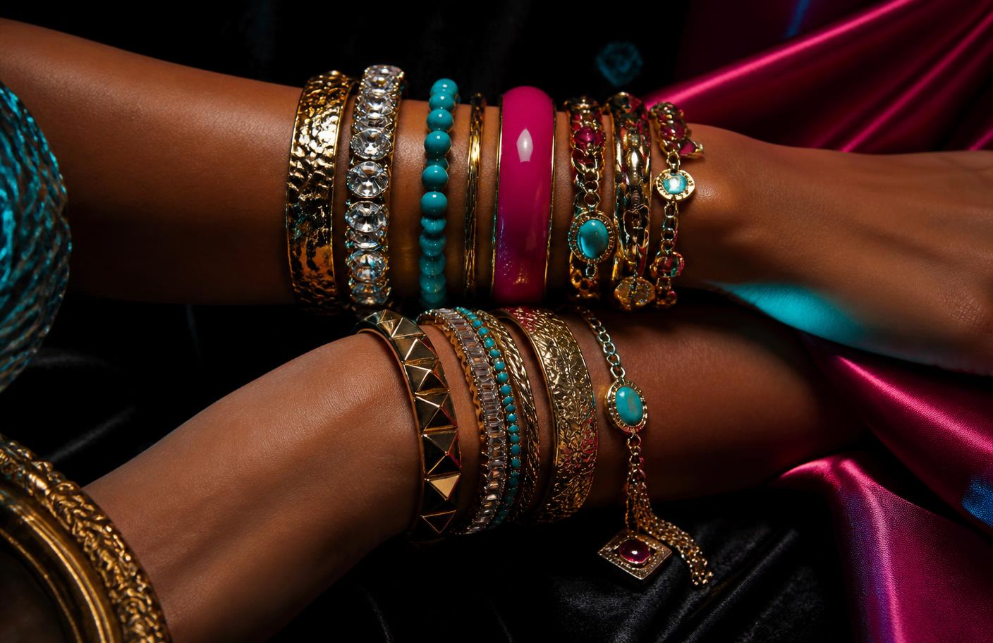A wrist stacked with gold bangles, turquoise stones, crystal bracelets and a fuchsia enamel cuff on black velvet