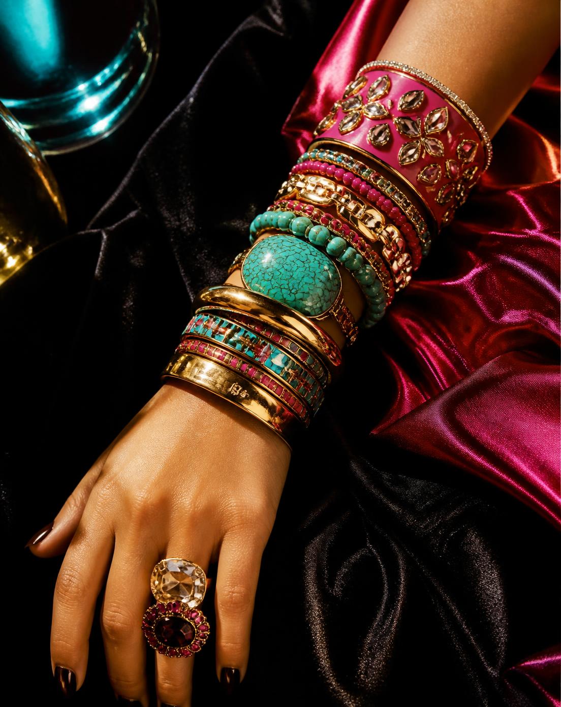 A wrist stacked with gold bangles, a turquoise stone cuff, crystal bracelets and a hot pink jewelled cuff against black velvet and fuchsia silk