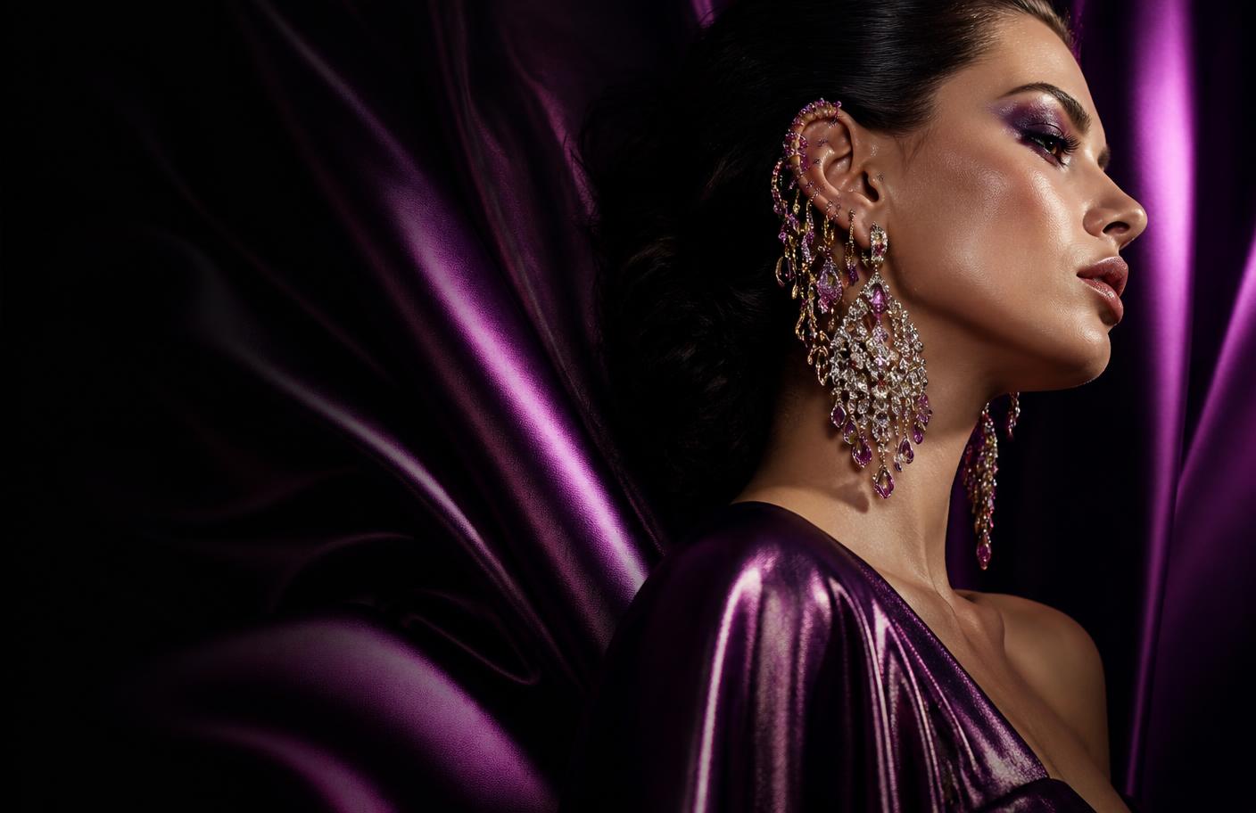Close-up of an oversized fuchsia crystal chandelier earring worn against black and pink silk