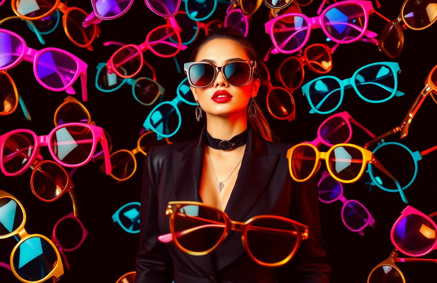 Fashion campaign of a model in oversized sunglasses surrounded by floating colorful frames