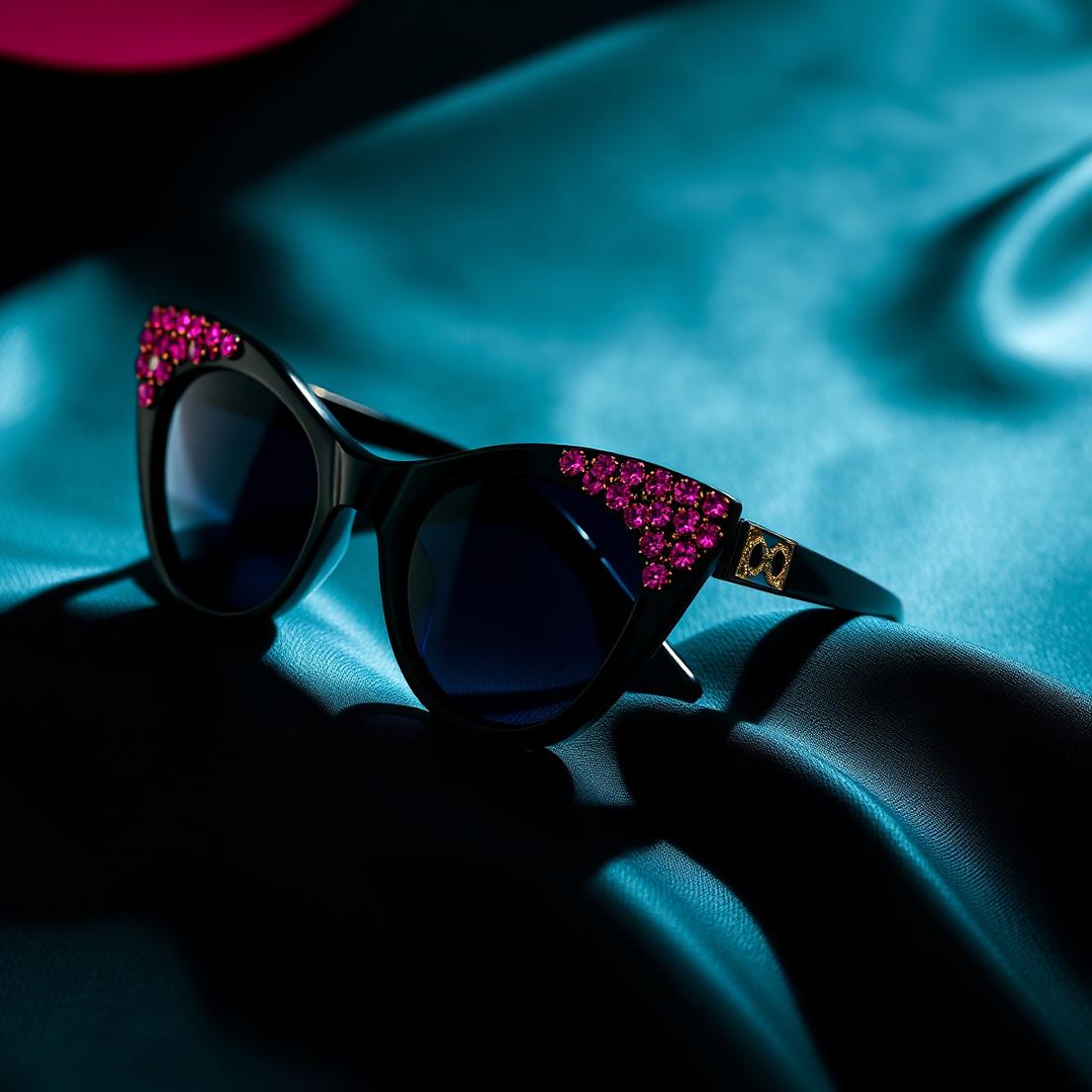 Oversized black cat-eye sunglasses with hot pink crystal corners resting on black satin