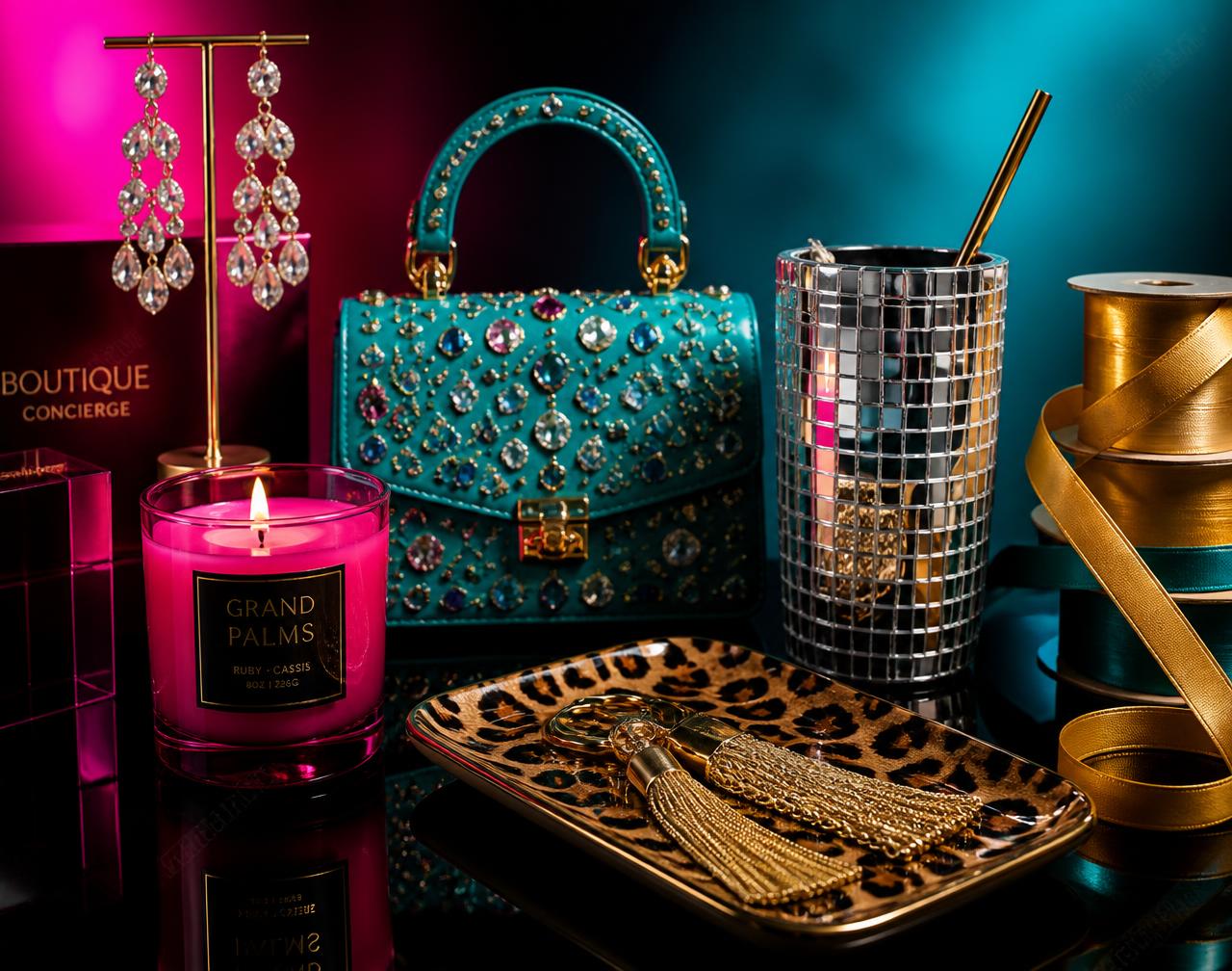Colorful boutique gifts styled on a glossy black surface — crystal earrings, a jeweled turquoise bag, a pink candle and a leopard tray