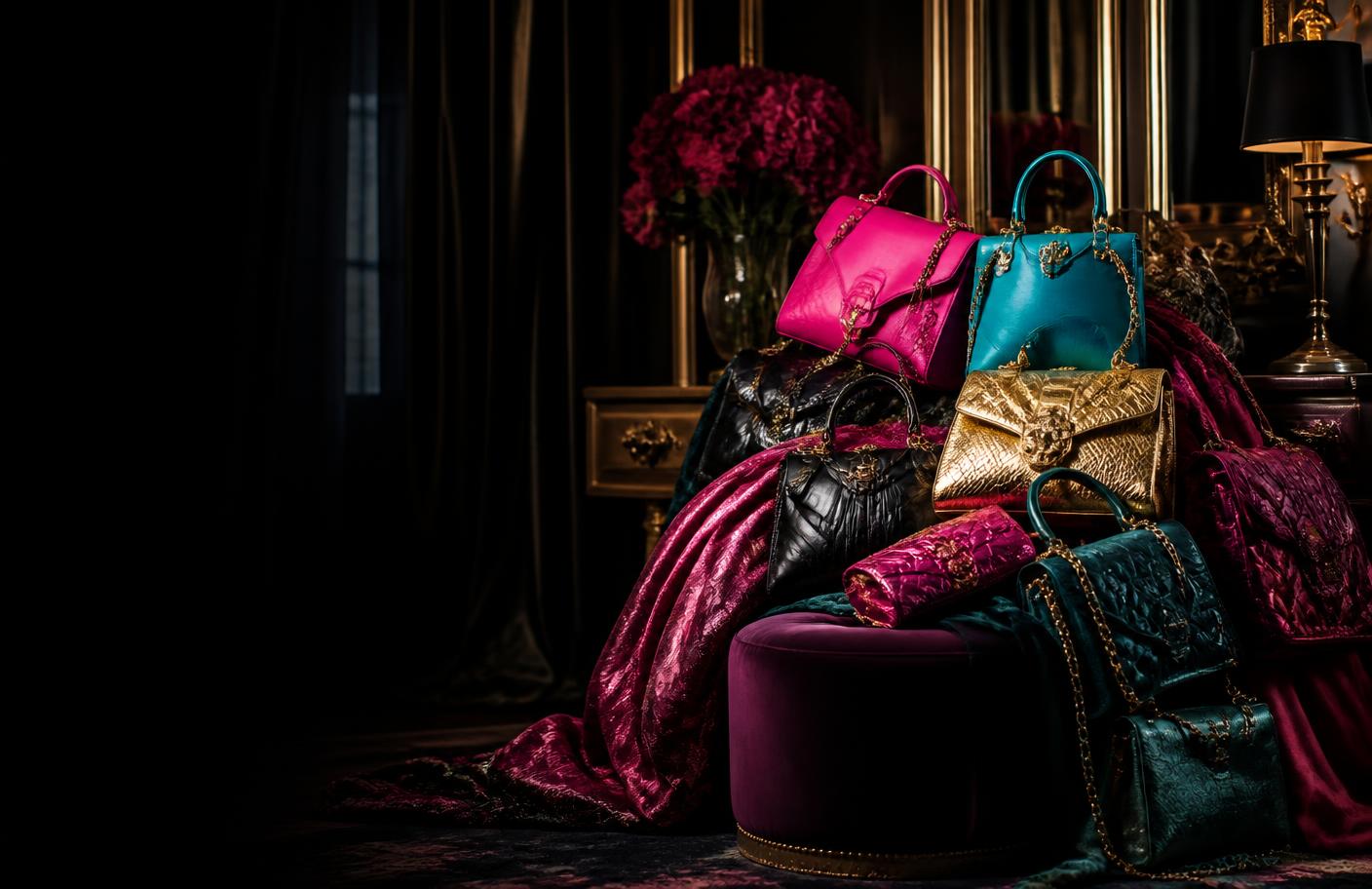 An extravagant pile of hot pink, turquoise, gold and black handbags styled in a dark luxury dressing room