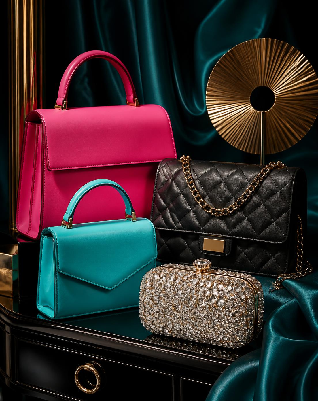 Hot pink top-handle bag, turquoise mini bag, black quilted chain bag and a crystal evening clutch styled on black lacquer with teal satin