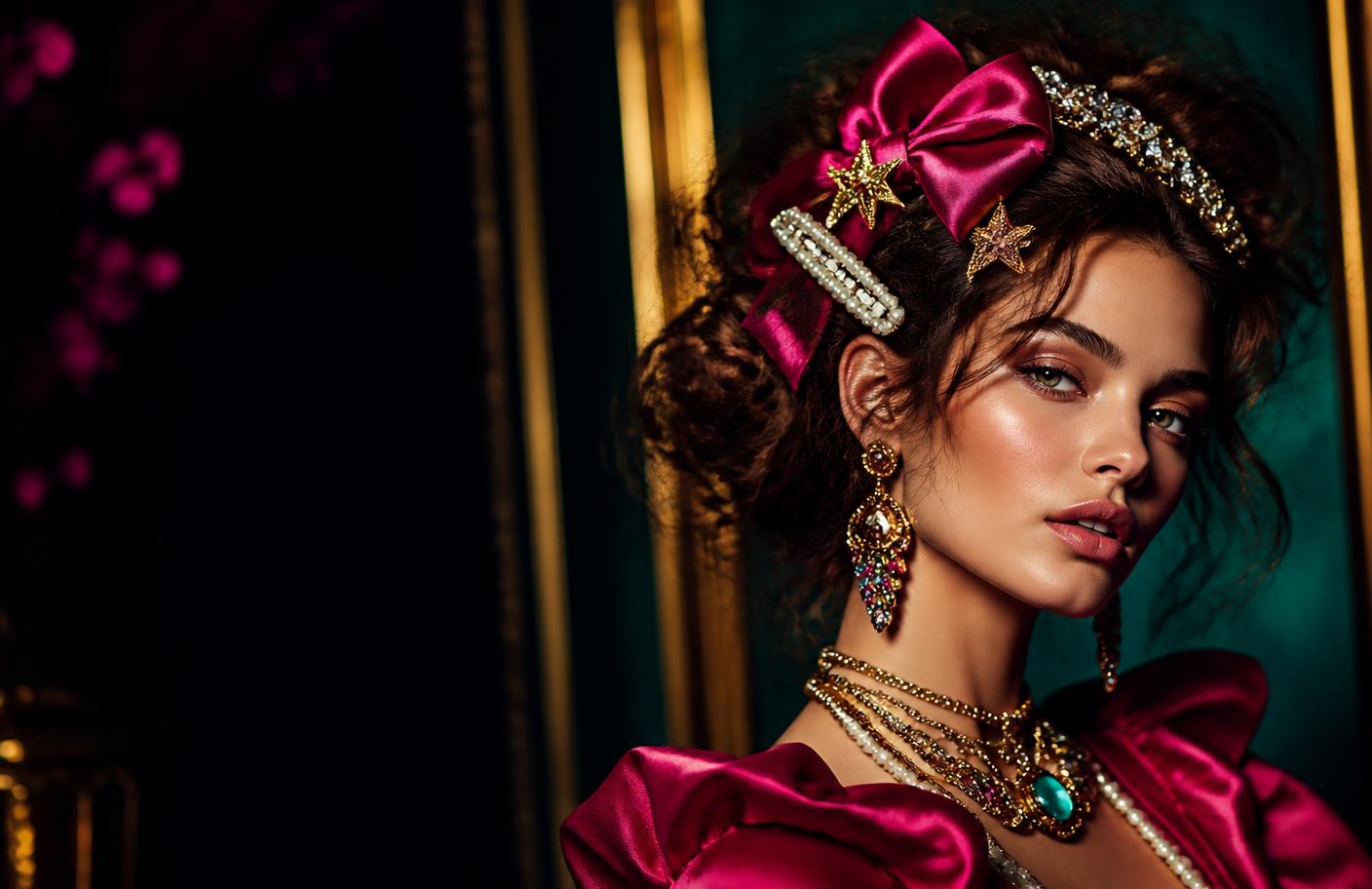 Model with voluminous hair styled with a crystal headband, oversized fuchsia bow, gold star clips and a pearl barrette