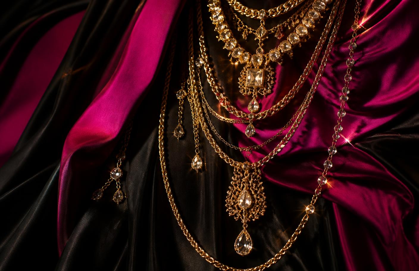 Layered gold chains and crystal pendants against black and fuchsia silk