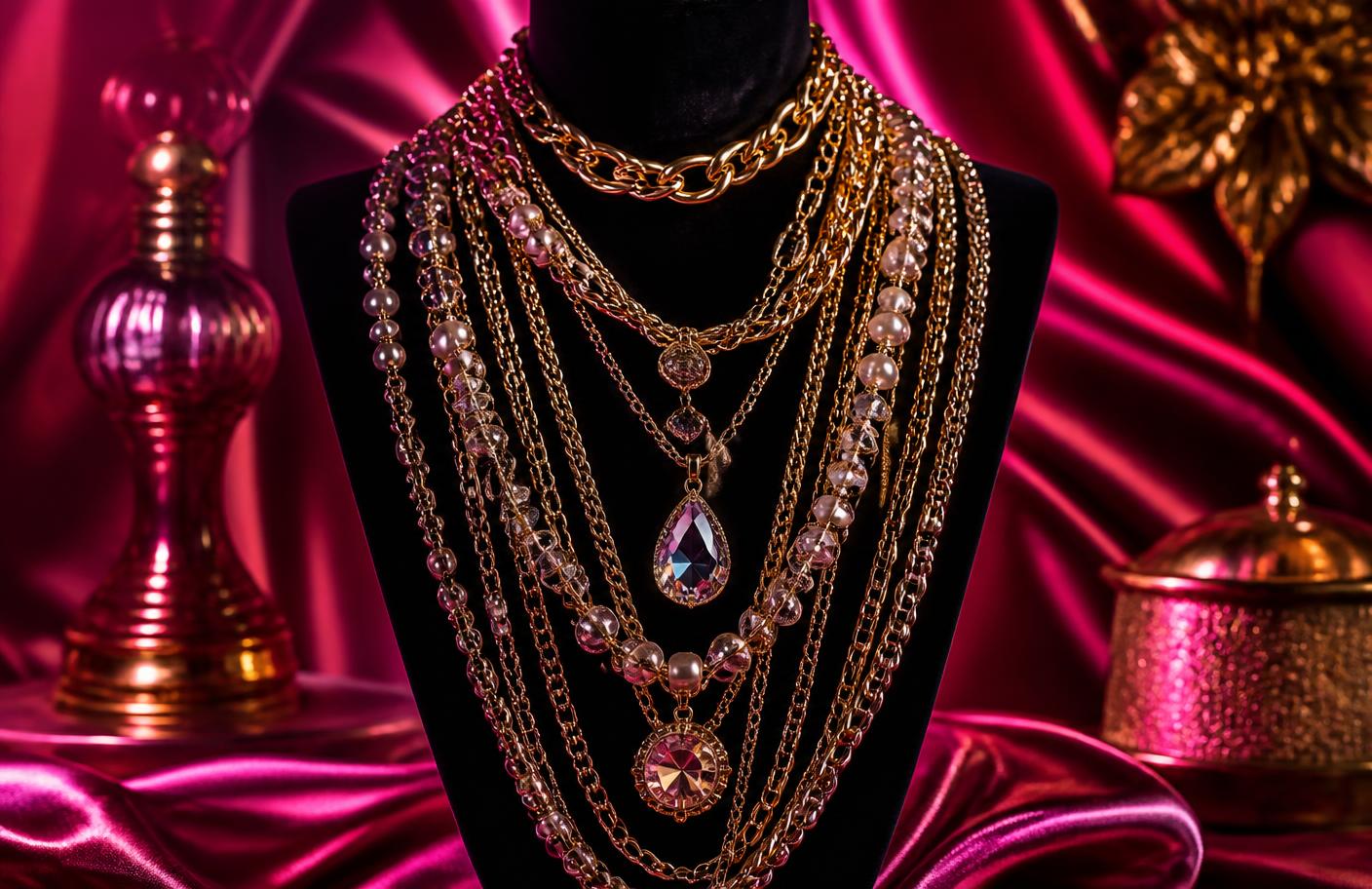 Layered gold chains, crystal pendants and pearl strands draped on a black velvet bust against fuchsia satin