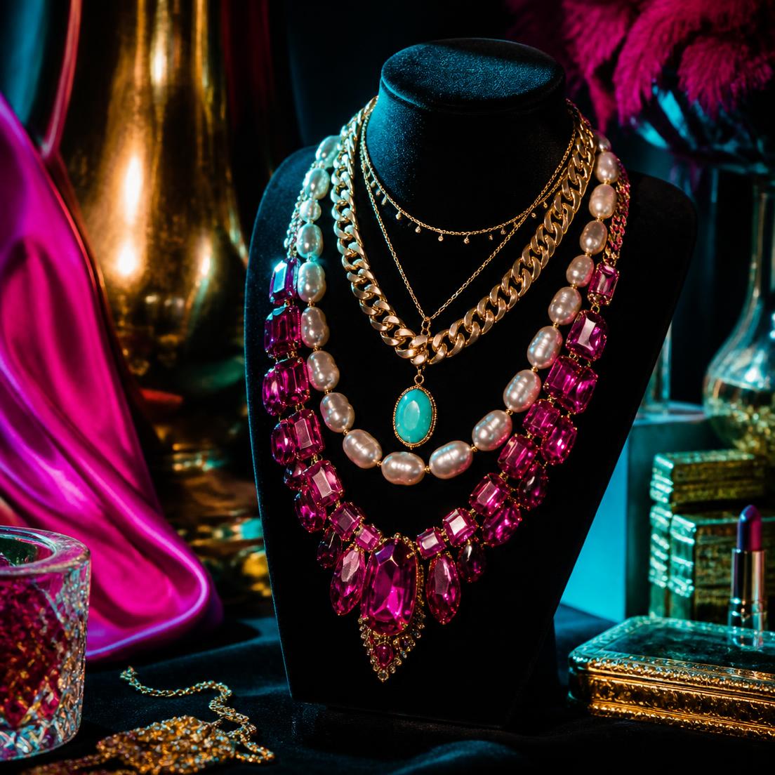 Gold chains, a pearl strand, a turquoise pendant and a hot pink crystal statement necklace layered on a black velvet bust against fuchsia silk
