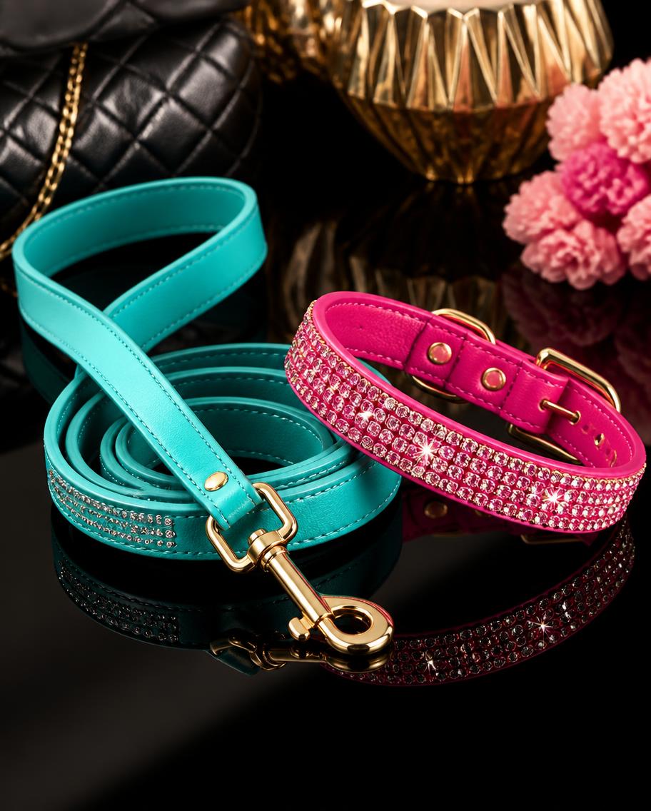 Turquoise leather leash and hot pink rhinestone dog collar