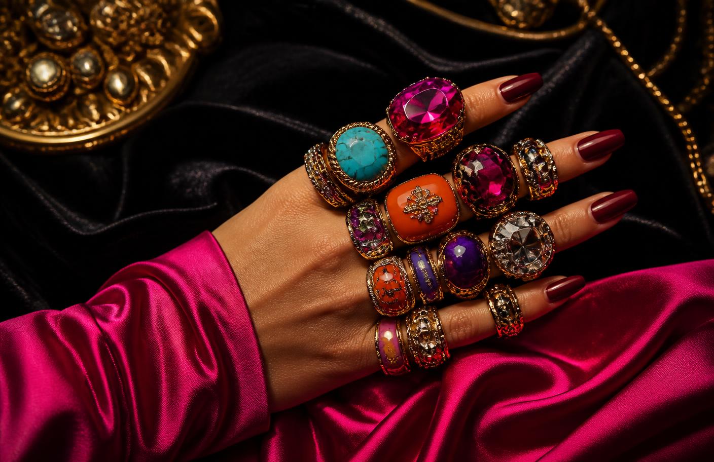 Two hands wearing stacked gold, crystal and colorful stone rings against a dark jewel-toned backdrop