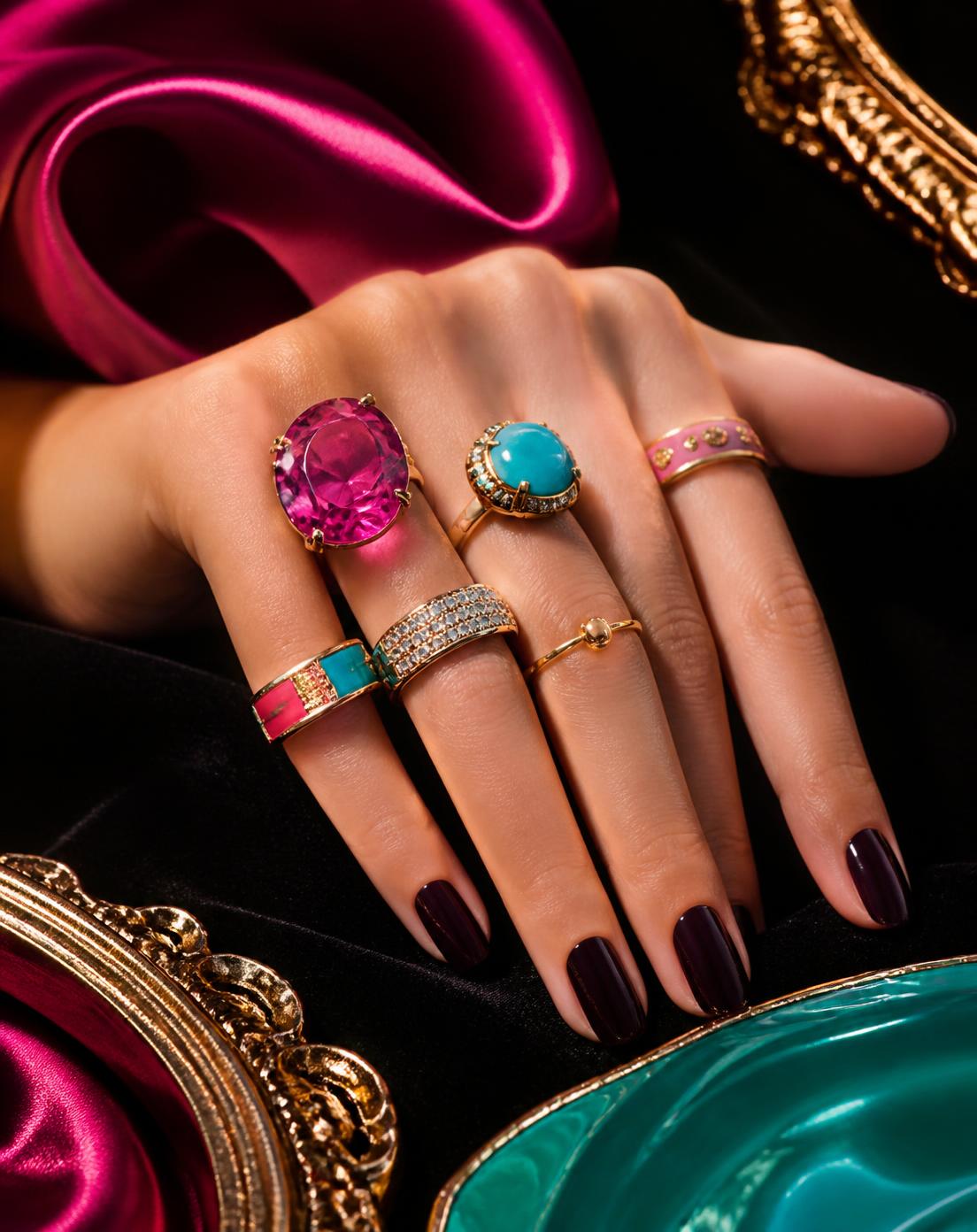A styled hand wearing a stack of gold bands, a turquoise stone ring and an oversized fuchsia crystal cocktail ring against black and jewel-toned silk