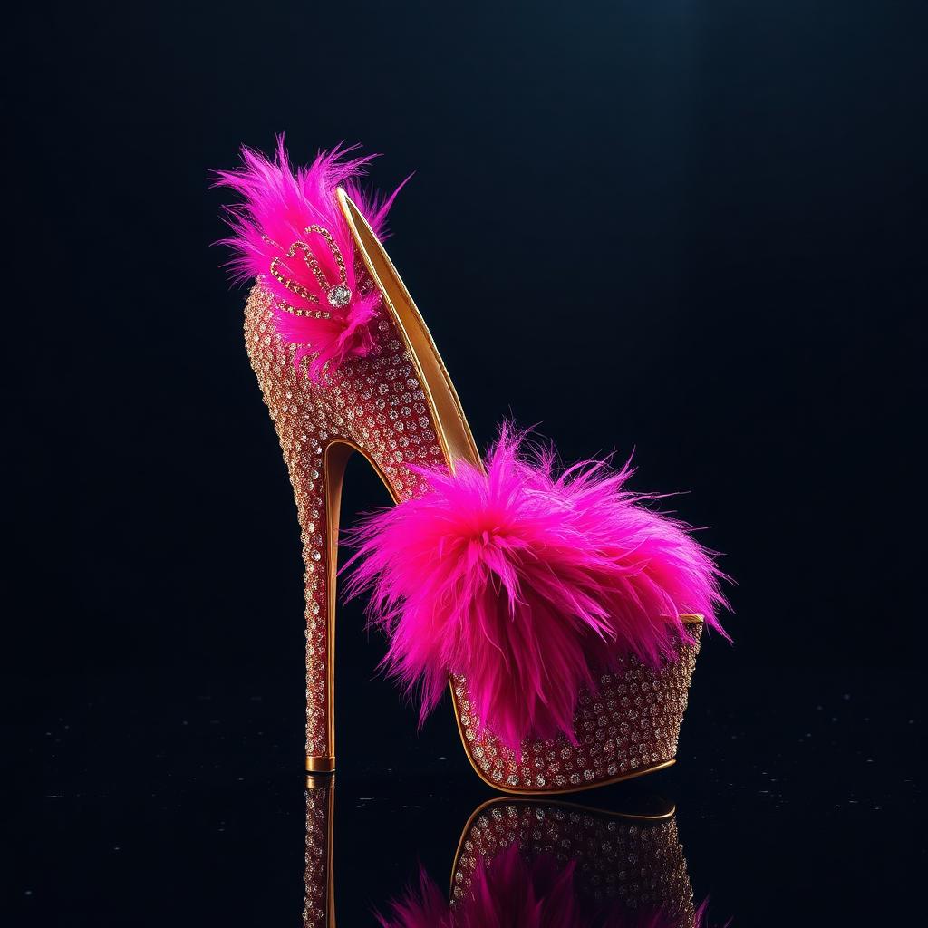 Crystal-covered pink and gold feather-trimmed statement heel on a glossy black surface