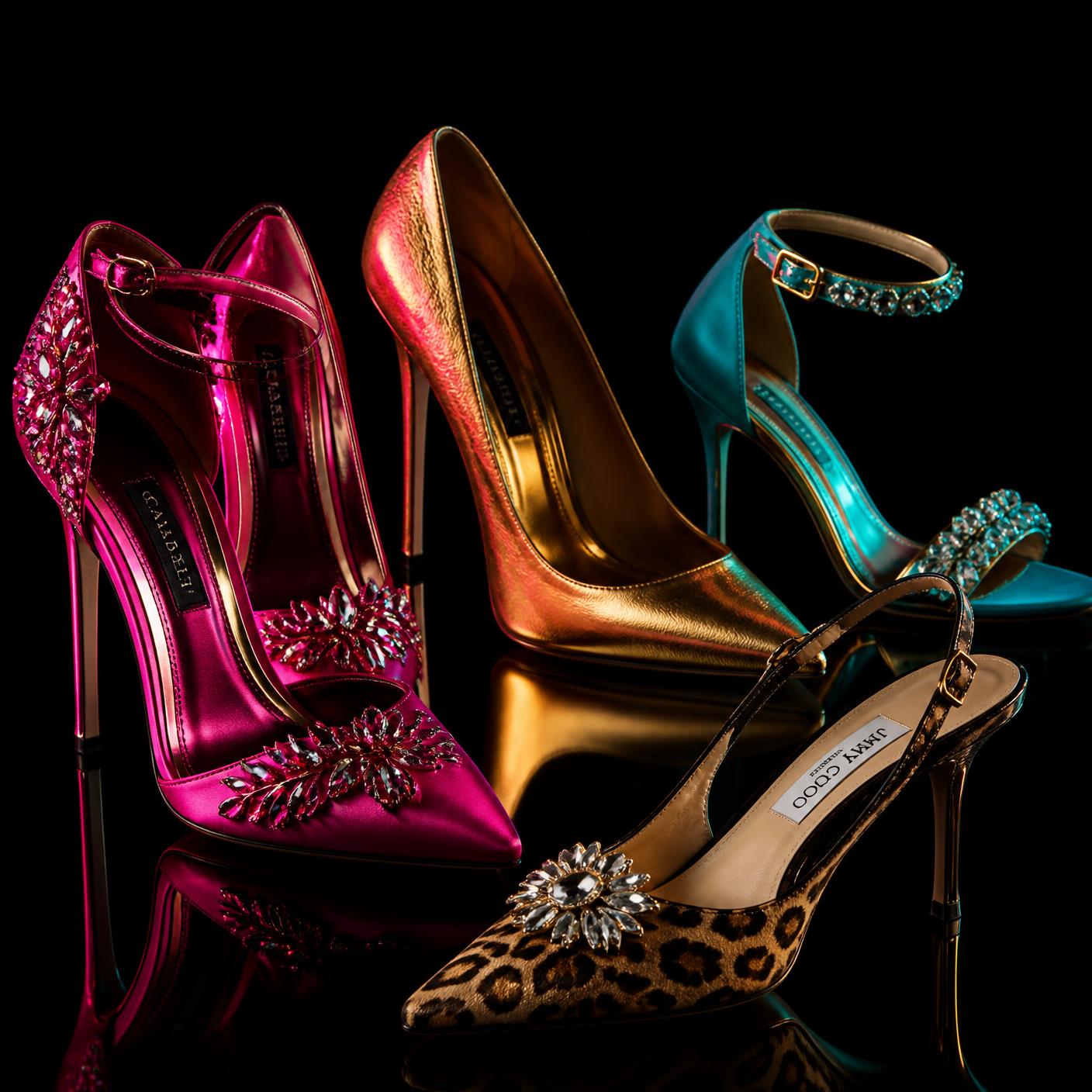 Crystal pink heels, a gold metallic pump, a turquoise jeweled sandal and a leopard slingback arranged on a glossy black surface