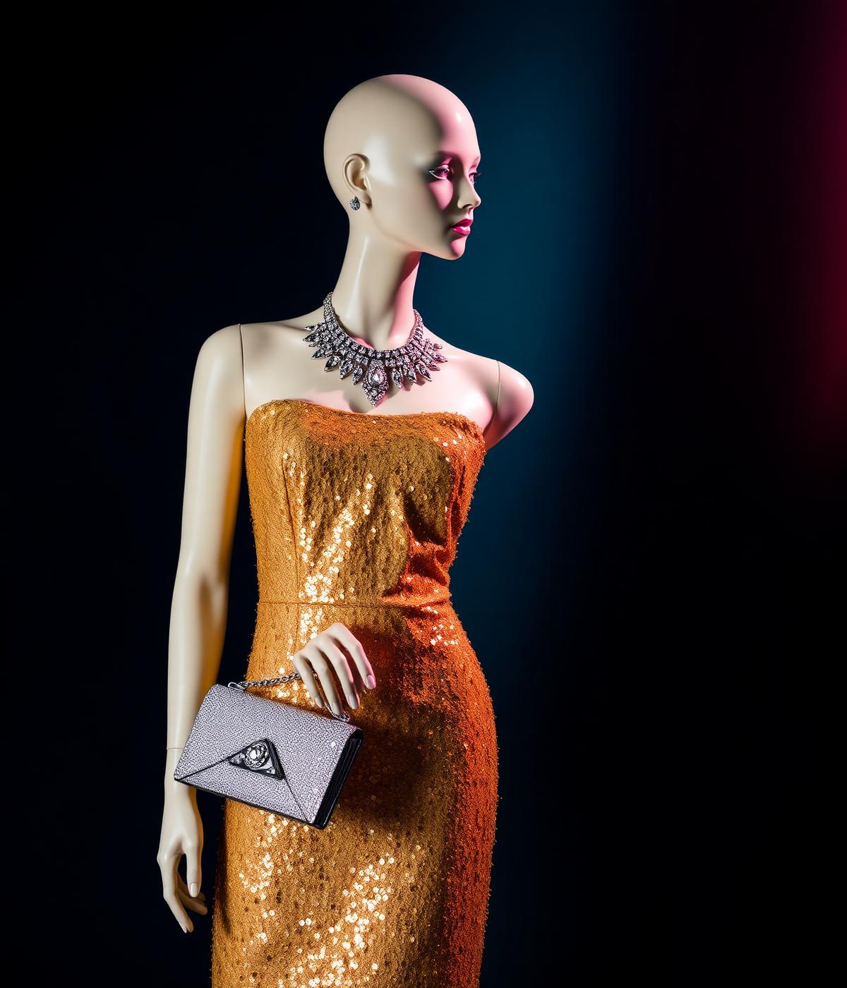 Gold sequin gown with a crystal statement necklace and glitter clutch