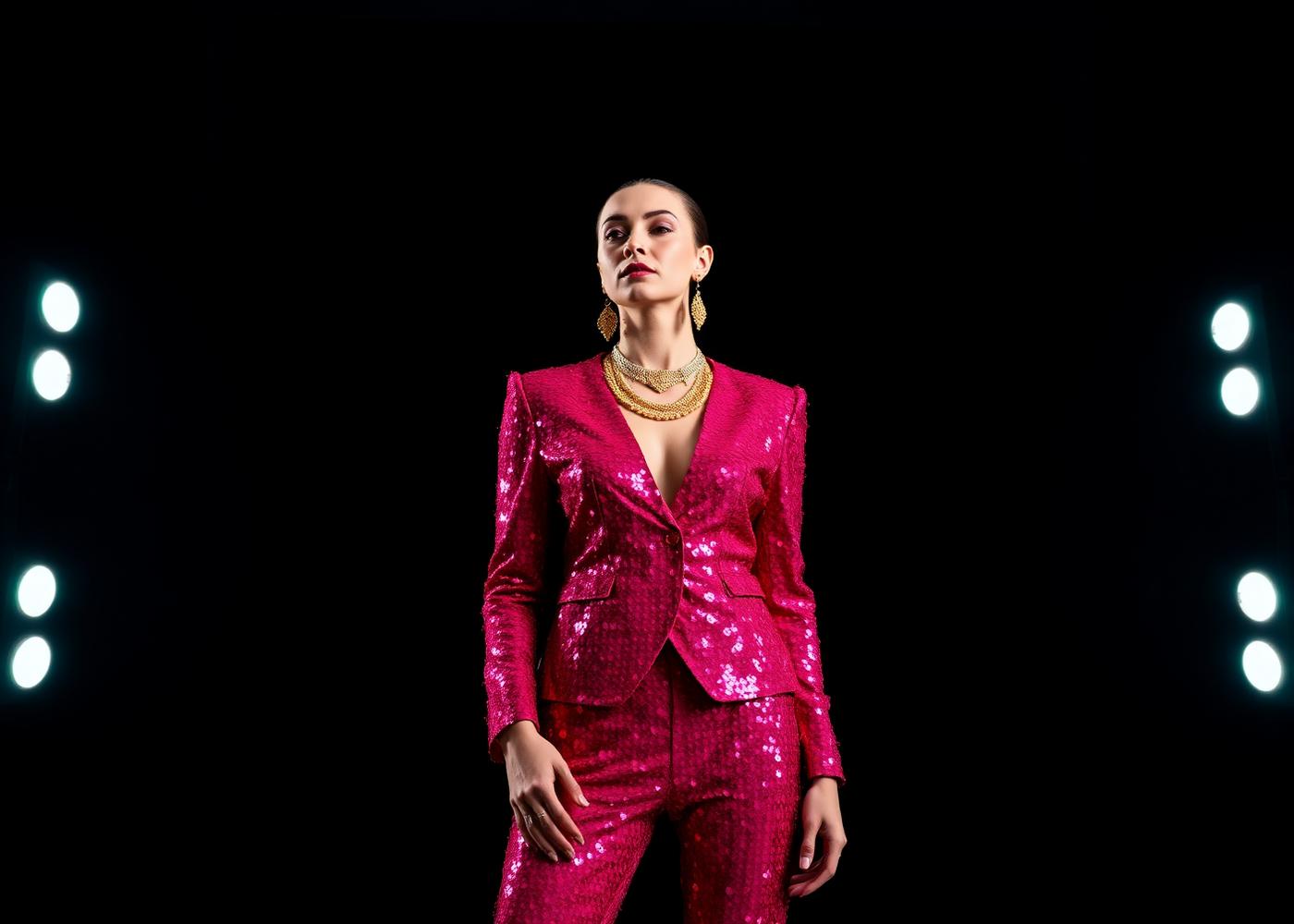 Model in a hot pink sequin suit under spotlights