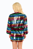 Adeline Prism Rainbow Striped Sequin Wrap Mini Dress: L