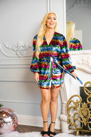 Adeline Prism Rainbow Striped Sequin Wrap Mini Dress: M