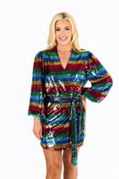 Adeline Prism Rainbow Striped Sequin Wrap Mini Dress: S