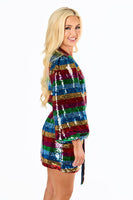 Adeline Prism Rainbow Striped Sequin Wrap Mini Dress: XS