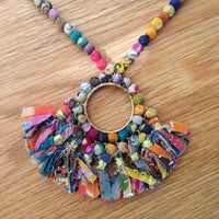 Fringed Kantha Hoop Pendant Necklace